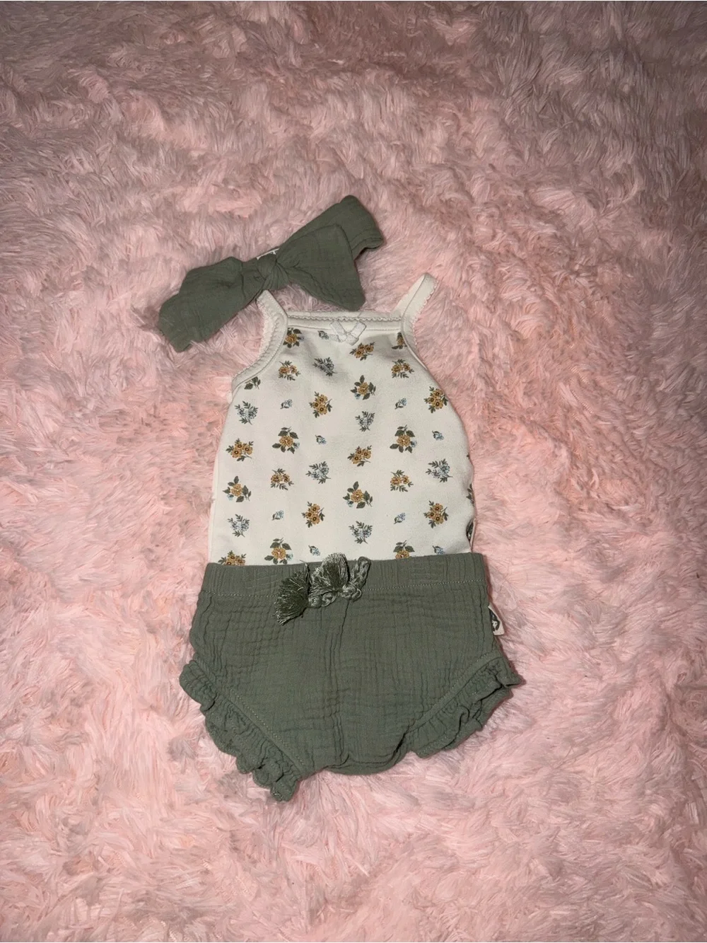Baby Floral Tank Romper with Olive Bloomer & Headband